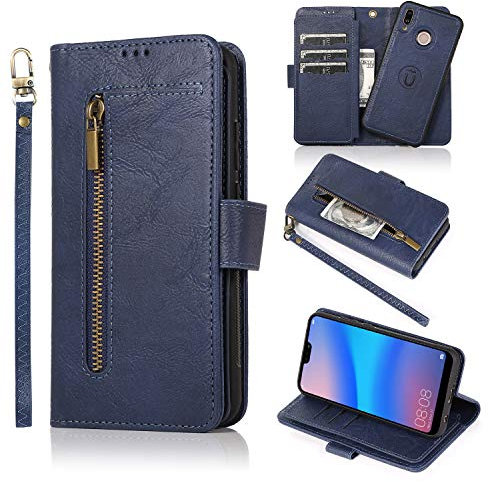Uposao Kompatibel mit Huawei P20 Lite Handyhülle mit Reißverschluss 9 Kartenfächer Schutzhülle Geldbörse Ledertasche Flip Case Cover Klapphülle Wallet Bookstyle Tasche Magnet,Blau