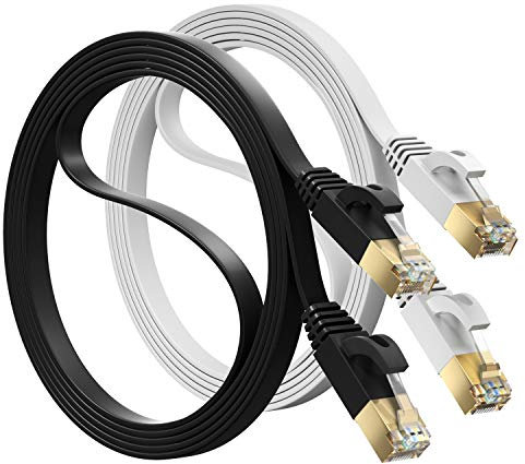 MutecPower 2m 2 Pack ULTRA PIATTO Cavo di rete Ethernet CAT 7 con connettori RJ45 - SSTP - 600 MHz - Cavi Nero e Bianco da 2 metri con fascette e clip.