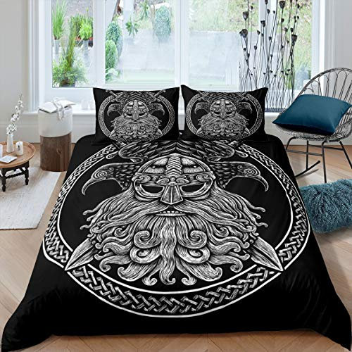 Loussiesd Ancient Viking Bettwäsche Set 135x200cm Retro Exotisch Betten Set Schwarz Weiß Vintage Spear Bettbezug Set Für Kinder Adler Skandinavische Kultur Raumdekor Bettwäsche