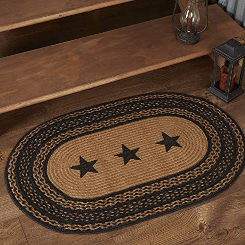 VHC Brands Farmhouse Jute-Schablone, Sterne, oval, 61 x 91 cm, ländlicher geflochtener Bodenbelag, Country Schwarz und Hellbraun