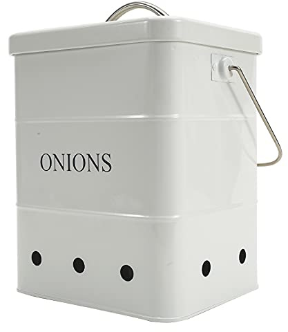 Gdfjiy Onion Storage Bin, Kitchen Storage Canister,Kitchen Pantry Organizer Tin With Airtight Lid & Handles, Vegetable Fresh Keeper with Aerating Tin Storage Holes (White)
