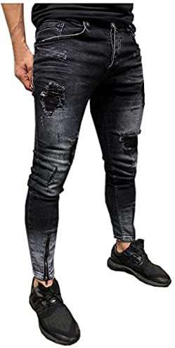Nouveau Fashion Jean Homme 2022 - Pantalon Troué Skinny Slim Droit Déchiré Moulant Bootcut - Bleu Clair Pas Cher