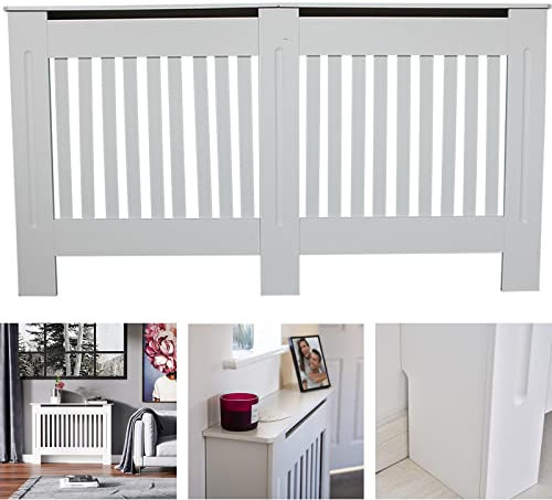 YouseaHome Modern White and Wood Painted MDF Radiator Cover - Durable Heating Cabinet with Vertical Slat Shelves (152W x 19D x 82H cm) for Living Room, Hallway, Bedroom Decoration