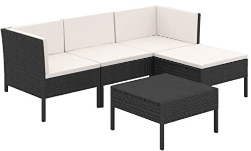 vidaXL Gartenmöbel 5-TLG. mit Auflagen Tisch Fußhocker Mittelsofa Ecksofa Sitzgruppe Lounge Sofa Garten Garnitur Gartenset Gartensofa Poly Rattan Schwarz