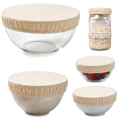 Set of 5 Reusable Cotton Bowl Covers - Fabric Food Covers for Kitchen Storage, Proofing Salad, Dough, and Leftovers – Washable Plastic Wrap Alternative (S,M,L,XL,XXL)