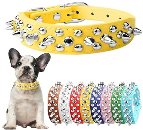 Collares de perro con pinchos, collar de perro con tachuelas de cuero remachado, collar de cachorro ajustable para perros pequeños, medianos y grandes, amarillo, S