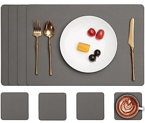 Myir JUN Tischsets Abwaschbar und Untersetzer, Tischsets Leder Platzdeckchen Platzset Abwischbar Doppelseitigen Tischsets Umkehrbares Tischset Rutschfest Tischset Lederoptik (Satz von 4, Grau)