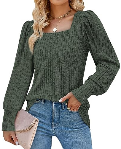 Aokosor Womens Long Sleeve Tops Ladies Square Neck Jumpers Puff Sleeves Sweatshirts Green Size 14-16