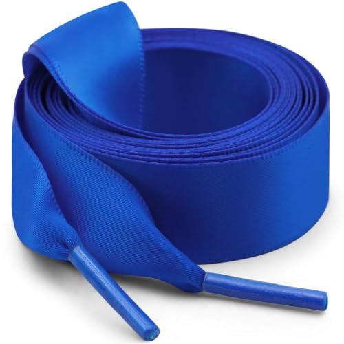 WEGOODZF Flat Satin Ribbon Shoelaces: 2 Pairs of 2CM Wide 140CM Long Colorful Blue Silk Shoe Laces for Trainers Pumps Sneakers