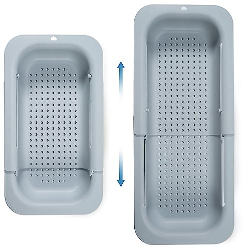 Colador para fregadero, cesto colador extensible sobre el fregadero, escurridor colador de fregadero, ideal para lavar verduras y frutas, 34,5-48 x 6,5 x 20 cm