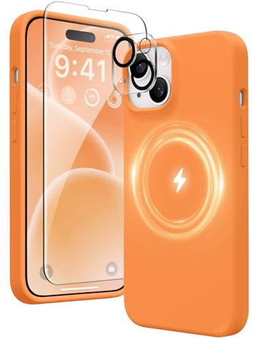 GONEZ 5 in 1 for iPhone 15 Case Magnetic, Compatible with Magsafe, with 2X[Screen Protectors + Camera Lens Proctetors], Slim Full Body Case, Skin-Like Silicone Phone Case 6.1,Orange