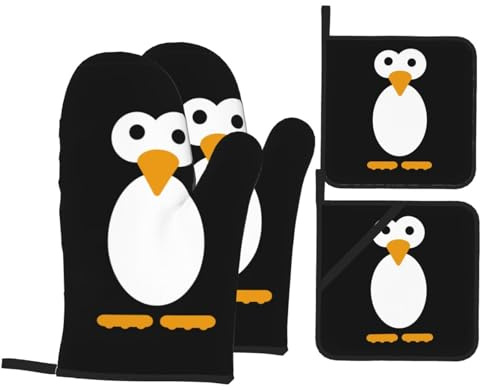 Ofenhandschuhe und Topflappen mit niedlichem Pinguin, hitzebeständig, für Grillen, Kochen, Mikrowelle, leicht zu reinigen, 4-teilig