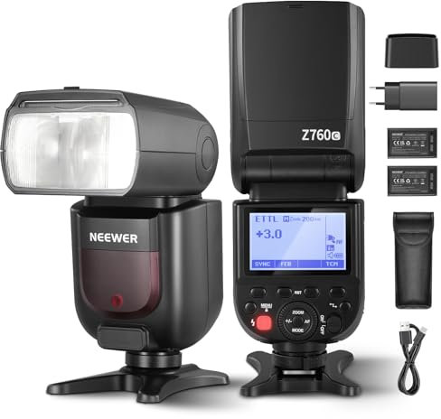 NEEWER Z760-C TTL Blitz Speedlite Kompatibel mit Canon DSLR Kameras, 76Ws GN60 2.4G 1/8000s HSS Blitzgerät, TCM Konvertierung, 2 Pack 7.4V/2600mAh Lithium Akku Ladegerät Kit, 480 Full Power Flashes