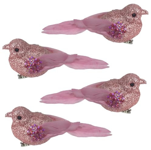 4 Pack Glitter Birds 9cm Clip on Christmas Decoration - Pink 6061