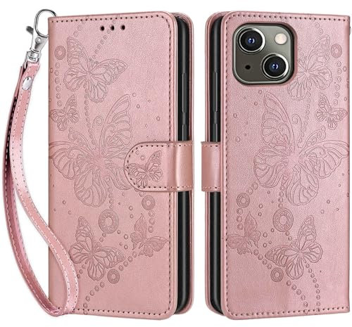 SIENIANLINE Handyhülle für iPhone 13 / iPhone 14 Hülle, Premium PU Leder Flipcase Schutzhülle Klapphülle mit Kartenschlitz und Faltbare Brieftasche Hülle für iPhone 13 / iPhone 14 - Roségold