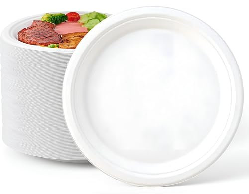 AAIZZ 50 Pcs 7-Inch Disposable Paper Plates - Heavy-Duty White Plates - Premium Quality for Hot and Cold Foods, and Made from Natural Sugarcane Fibers - Perfect for Picnics BBQs & Parties