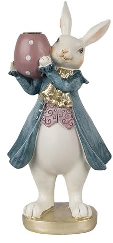Clayre & Eef Figur Kaninchen 20 cm Weiß Blau Polyresin Kerzenhalter