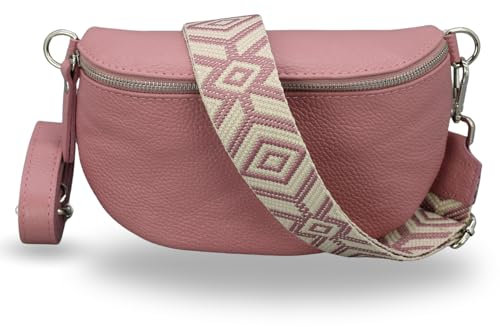 ADEL Bauchtasche Damen Echtleder Emma Silber Handgemachte Umhängetasche Crossbody Bag mit Optionalen Breiten Gemusterten Riemen Stylische Hüfttasche Made in Italy (Altrosa-Silber 2, Large)