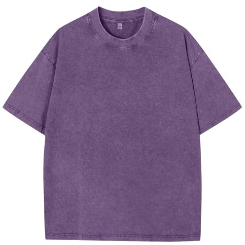 Camiseta Vintage de Verano de Algodón para Hombres Grande tee Casual de Manga Corta Neutra Camiseta Lavada con Ácido(L,E-Morado)