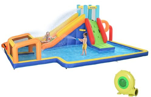 Outsunny Castillo Hinchable Infantil 3-8 Años con Tobogán, Pared para Escalar, Portería de Fútbol y Canasta, Juego Hinchable de Tela Oxford, 590x460x220 cm, Multicolor