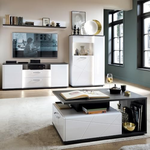 Lomadox Wohnwand Wohnmöbel Set weiß 5-teilig Modern, 1 Wandboard, 1 Lowboard, 1 Highboard, 1 Couchtisch inkl. Beleuchtung