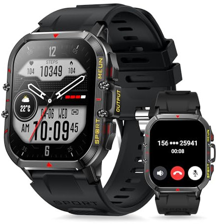 Aoekne Smartwatch Herren Militär mit Telefonfunktion, 1.96'' Fitnessuhr mit 100+ Sportmodi Herzfrequenz SpO2 Schlafmonitor Schrittzähler Wasserdicht Smartwatch für iOS Android