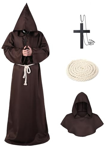 MEIRRAI Deguisement Moine, Costume de Moine Adulte, Robe Renaissance Médiévale avec Capuche Ceinture et Croix, Costume d'Halloween, Robe de Prêtre pour Halloween Cosplay Carnaval (Brun, L)
