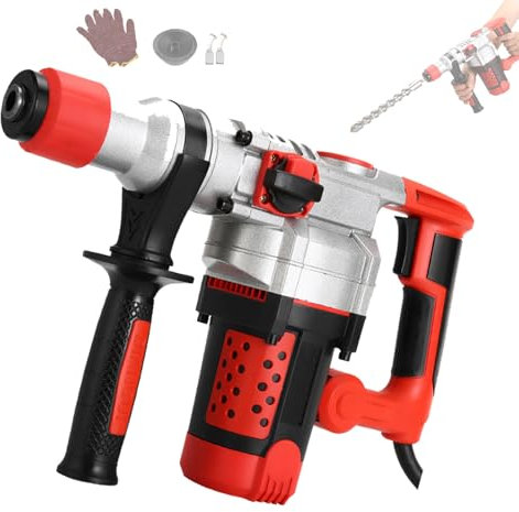 1200W,SDS Rotary Hammer Drill with 360° Rotating Secondary Handle,3 Function Corded Rotary Hammer for Concrete Drilling,Including Grease,Carbon Brush,Gloves,Protective Cover,No-drillbit