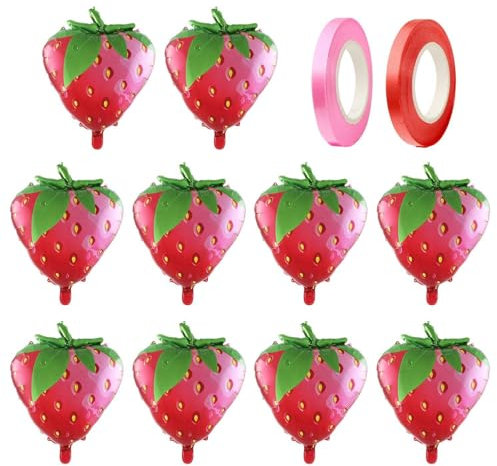 10 Stück Erdbeerballons Und 2 Stück Bänder, Fruchtförmige Ballons, Partydekorationsballons, Aluminiumfolienballons, Ballonzubehör, Dekorative Bänder