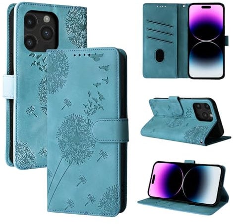 Rostsant Handyhülle für iPhone 14 Pro Max 6.7 Zoll - Löwenzahn PU Leder Flip Case Brieftasche Tasche Hülle Magnetisch - Blau