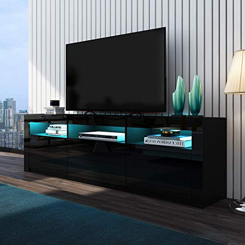 Genforiek TV Schrank für Wohnzimmer, TV-Ständer Schwarz Mattes Gehäuse und Hochglanzfront 2 Türen 2 Schubladen TV Lowboard 160cm mit RGB LED Licht