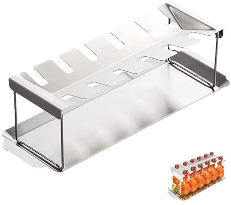 EVDZNA Hähnchenschenkel Halter Grill Zubehör, Hähnchenbräter aus Edelstahl, Gleichmäßiges Grillen von 12 Chicken Wings, Faltbar, leicht zu Reinigen, Inkl, Abtropfschale, Grillzubehör, Silber