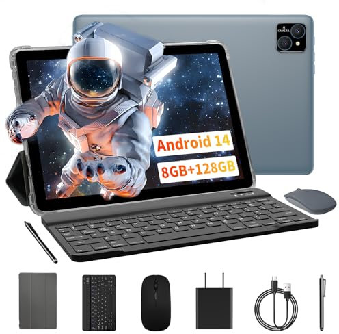 VASOUN Tablet 10 Zoll, Android Tablet 14 mit Ledertasche, Tastatur und Maus, Eingabestift, 5Ghz WiFi, 128 GB Storage, 8000 mAh, 2.0 MP+8.0 MP Camera, GMS Certifild Tablet PC Octa-Core (Grau)