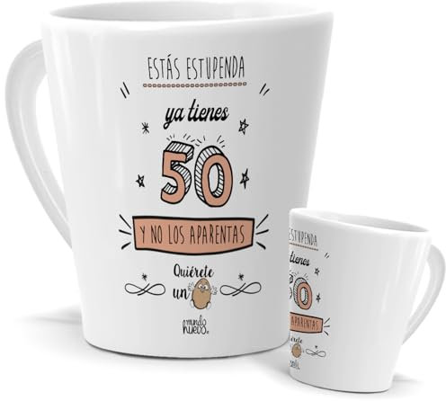 Taza Feliz 50 años | Taza Cónica 350 ML | Ya tienes 50 y No los Aparentas | Tassa con Frases Motivadoras 50 años Mujer | Taza de Té, Café ... | Regalo de Cumpleaños | Taza Cerámica Purpurina Plata