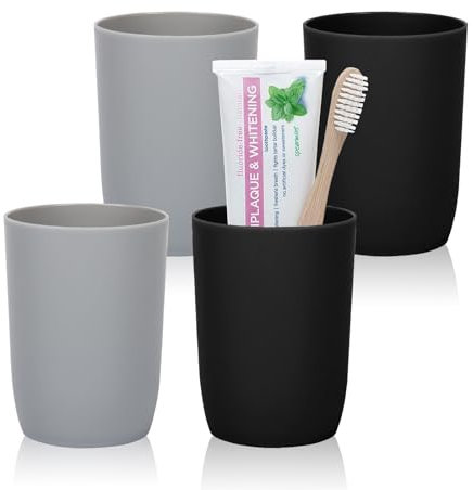 Hebaogugu Zahnputzbecher, Stapelbare Kunststoffbecher 4er Pack 280 ml, Wiederverwendbare Kunststoff-Wasserbecher für Küche, Bad, Bunte Mundspülbecher für Erwachsene, Kinder(Grau+Schwarz)