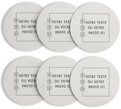 sous Verre Ronds Base Liège - Personnalisable Personnalisé avec Votre et Image et Votre Texte - Lot de 6 (95 x 95 mm)
