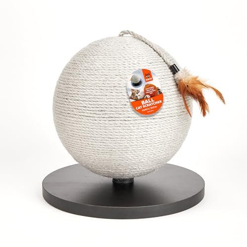 Rascador Esférico para Gatos con Pluma Colgante, Rascador Forma Bola, cordan sisal Gris, Base Resistente para Todas as raças de Gatos e gatinhos
