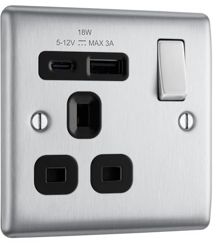 BG Electrical Single Switched Power Plug Wall Socket with Type A USB and Type C USB Charging Ports, Fast Charge, Round Edges, Nexus Metal, Brushed Steel, Black Inserts, 13A, 18W, NBS21UAC18B