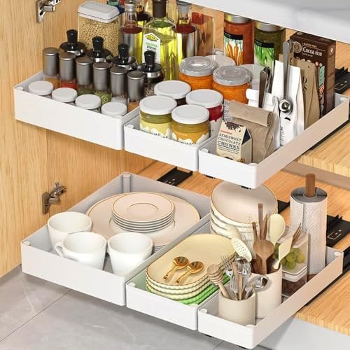 Pull Out Cabinet Organiser, Set of 3 Slide Out Drawers Shelf Storage, Pull Out Drawer for Kitchen Cupboard, No Need Drill Nor Nailing for Kitchen Cabinets, Bathroom Cabinet Organizer, Pantry