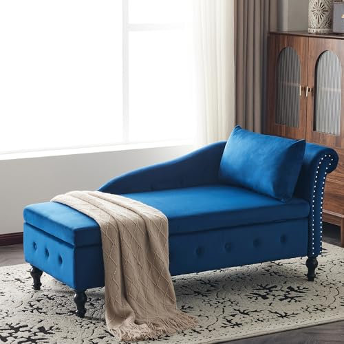 Samt Chaiselongue Sofa mit Stauraum und Kissen, moderne ergonomische Couch mit Nagelkopfbesatz und Knopf, getuftetes Design, hydraulische Liege für Wohnzimmer, Schlafzimmer oder Büro, Blau