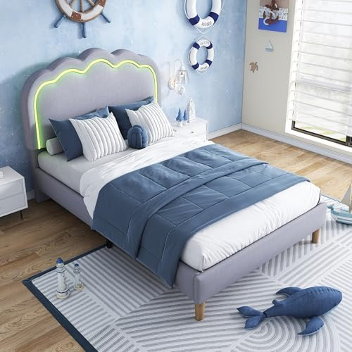 Merax Single bed frame, 3ft Single Upholstered Bed, Adjustable Height Puff Shaped LED Headboard, Sturdy Wooden Slat Support, Linen Fabric (No Mattress), Grey/90CM*190CM