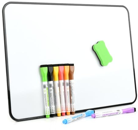 POUMUE A3 Klein Magnetisches Whiteboard, 42x30cm Mini Trocken Abwischbar Magnettafel Doppelseitiges mit 8 Bunte Stifte, Magnetisch Whiteboard Folie für Haus,Büro Schule