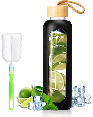 FrutPunch Glass Water Bottle 500ml Suitable for Offices and Gyms, Black | Sturdy, Leakproof, with time markings, Portable, Holds water, juice, beer, cold coffee, for home, office, school, gym