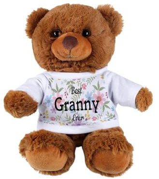 Purely Home Best Granny Teddy Bear - Small Plush Toy for Best Ever Grannys - Dark Brown Stuffed Animal with Floral Print T-Shirt