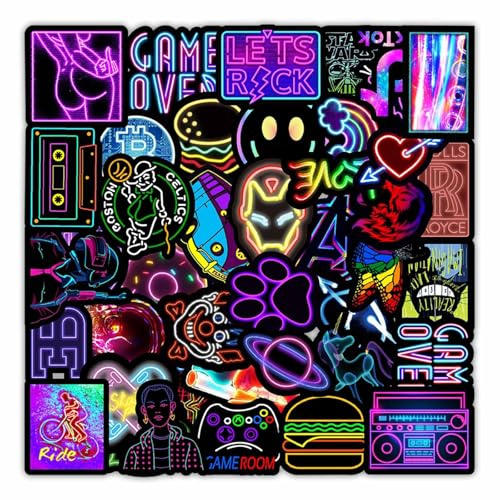 JOOTUEPO 100 Pcs Cool Neon Stickers for Children Adults Teens, Cool Cute Neon Sticker Bags, Waterproof Vinyl Stickers for Laptop Scrapbook Skateboard Guitar Suitcases Scooter Water Bottle Etc