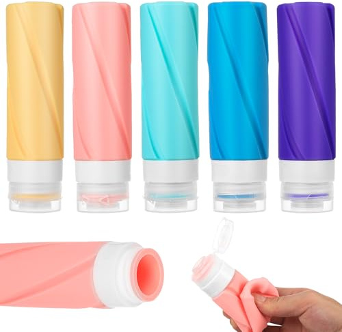 Okeno Select 5 Stück Silikon Reiseflaschen zum Befüllen 100ml Flaschen Handgepäck Flüssigkeiten, Reiseshampoo Flaschen zum Befüllen, Travel Essentials, Urlaub Gadgets, Reisezubehör Flugzeug Reiseset