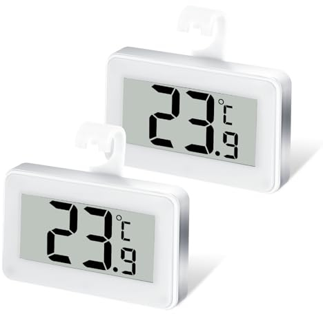 Kasanni 2 Pezzi Termometro Digitale Frigorifero, Termometro Ambiente Interno con Registrazione Max/Min, Magnetico Termometro Display con Gancio, Conversione ℃ /℉, Ideale per Casa, Ristoranti, Caffè