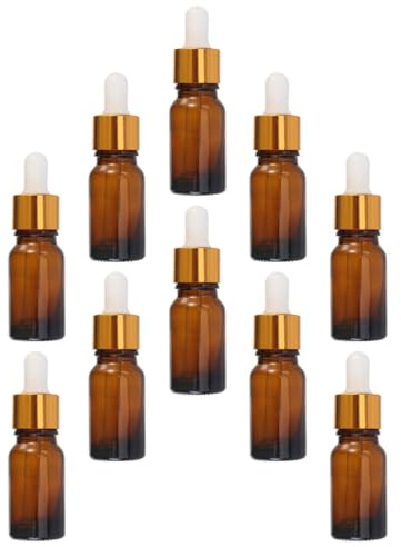 Générique Lot de 10 Bouteilles en Verre Ambré 10 Ml Flacons Compte-gouttes Pipette Blanche Anneau Doré pour Huiles Essentielles Voyages Cosmétiques DIY