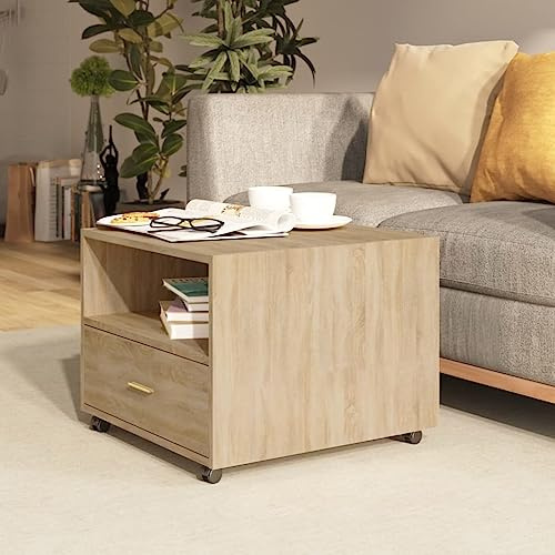 Bucmath Couchtisch Sonoma-Eiche 55x55x40 cm, Holzwerkstoff, mit Rollen und Stauraum, moderner Beistelltisch für Wohnzimmer, praktische Ablage