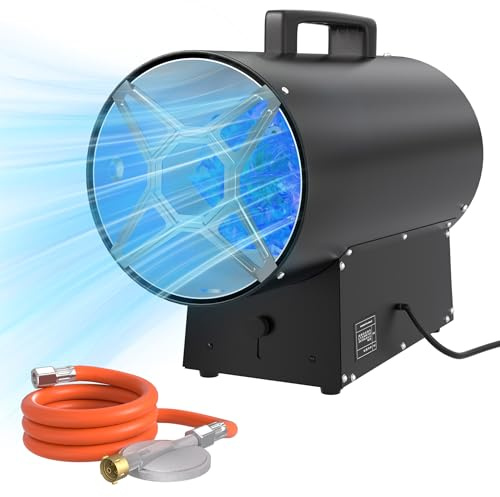 PEILU 30kW Gasheizgebläse Stahl Heizkanone mit Gasschlauch, 700mbar Druckminderer & Griff, Überhitzungsschutz Gasheizung Luftstrom 650m³/h Industrie Piezozündung Gaskanone für 450m² Outdoor Terrassen